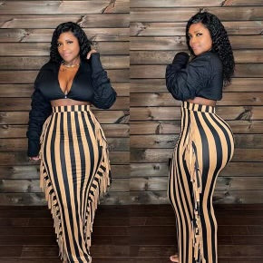 Vertical stripe printed fringed maxi skirt