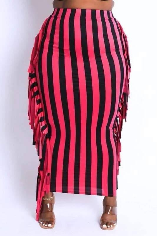 Vertical stripe printed fringed maxi skirt