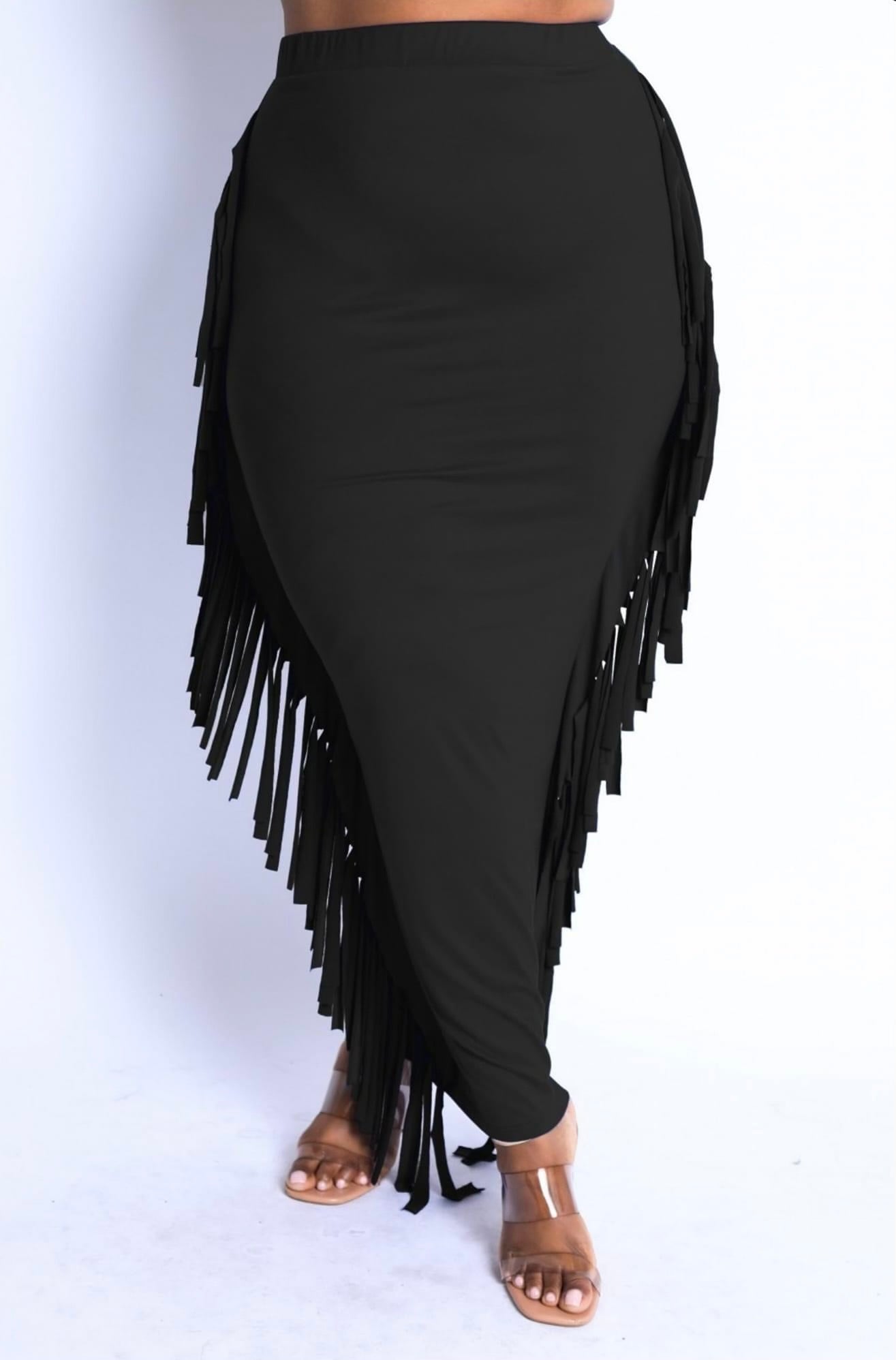 Vertical stripe printed fringed maxi skirt