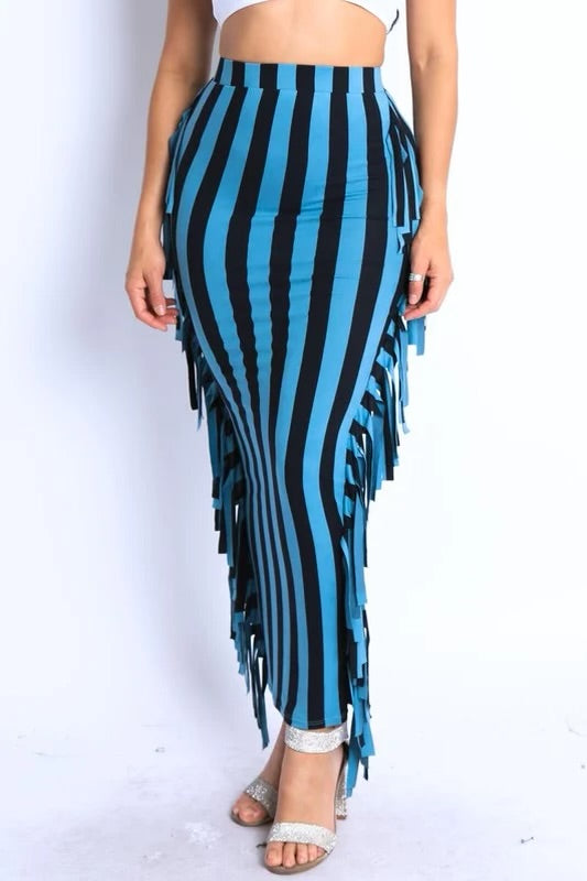 Vertical stripe printed fringed maxi skirt