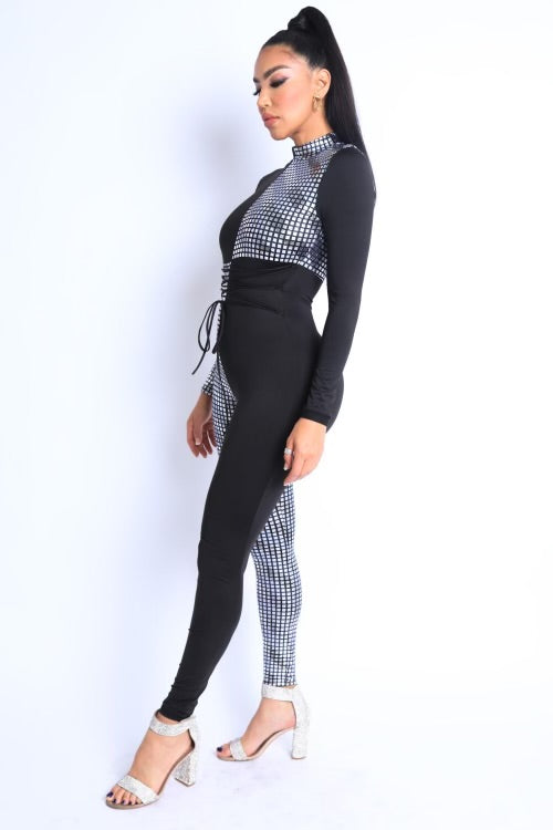 Mosaic Pattern Color Block Tie Detailed Jumpsuit