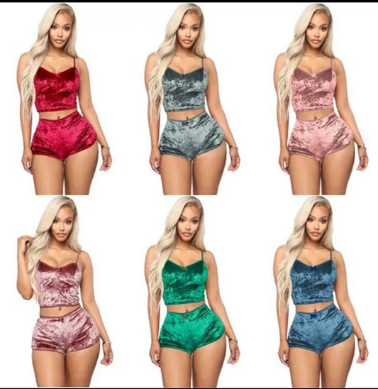 Women's Velvet 2pc Spaghetti Strap Crop Top & Shorts Pajama Lounge Sets